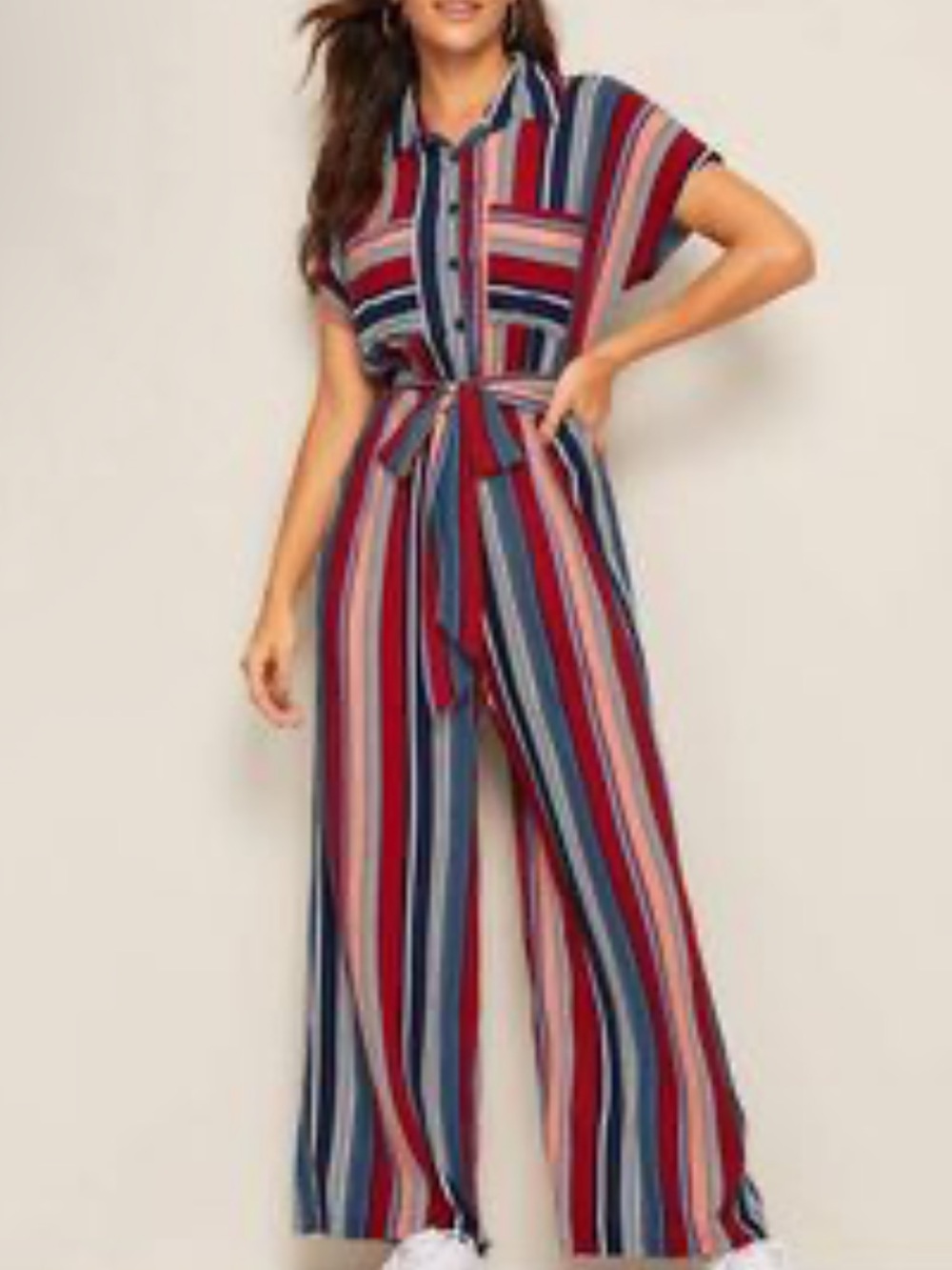 Monteau Red, Navy & Cream Striped Button-Front Jumpsuit